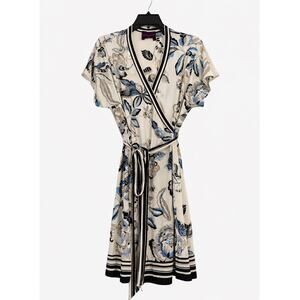 Hale Bob Floral Wrap Dress Beige Blue Black Short Sleeve Tie Waist - Medium